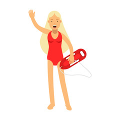 Lifeguard girl character in a red swimsuit with life preserver waving her hand vector Illustration