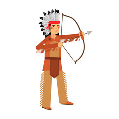 Native american indian in traditional costume and headgear archery with a bow vector Illustration