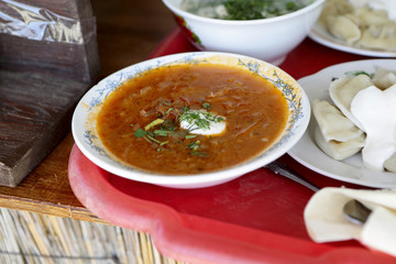Plates with soup and pelmeni