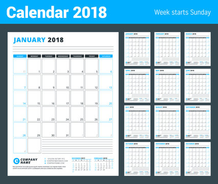 Calendar Template for 2018 Year. Business Planner 2018 Template. Set of 12 Months. Stationery Design. Week starts on Sunday. Vector Illustration