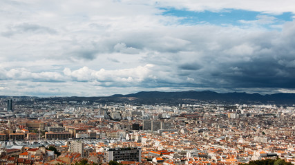 Obraz premium Old medieval Barcelona city from the bird's-eye view. Panorama. Sky. Clouds