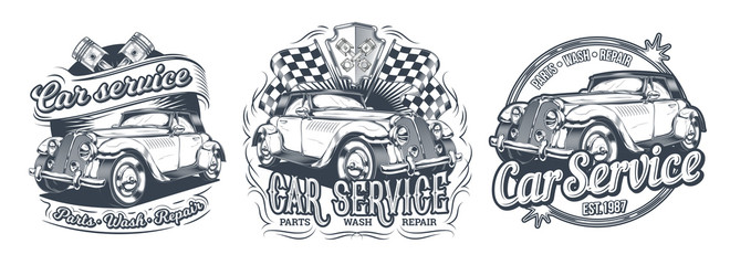 Set of vector vintage black and white badges, stickers, signage for car service, car wash, store of spare parts with retro car, isolated on white. Print, template, design element for advertising