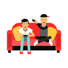 Two young male friend sitting on sofa and playing video games vector Illustration