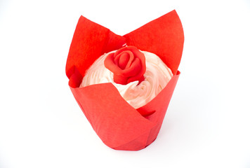 Valentines Cupcake with Red Rose on White