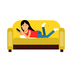Young brunette girl in casual clothes lying on her stomach on yellow sofa and using her smartphone vector Illustration