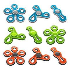 Obraz premium Vector set of colorful Fidget Spinners isolated on white background, anti stress blue pentagonal toy, green icons popular hand fidget spinner, logo of orange metallic kids relaxation spinner gyroscope