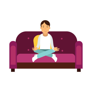 Young man sitting on a sofa and meditating in lotus pose vector Illustration