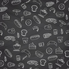 Seamless hand drawn pattern of fast food items and symbols, burger, pizza, drinks, fries, vector illustration