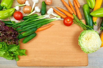 closeup of fresh fruits and vegetables on wooden table, healthy food concept, abstract object and background