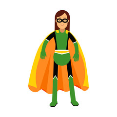 Young masked brunette woman in a colorful superhero costume vector Illustration