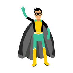 Fototapeta na wymiar Young masked man in a superhero costume waving his hand vector Illustration