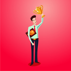 Successful businessman holding award winner cup. Business leader 3d cartoon vector character.