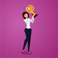 Successful business woman holding award winner cup. Business leader 3d cartoon female vector character.