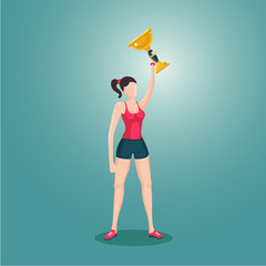 Sport girl holding award winner cup. Woman with prize. 3d cartoon female vector character.
