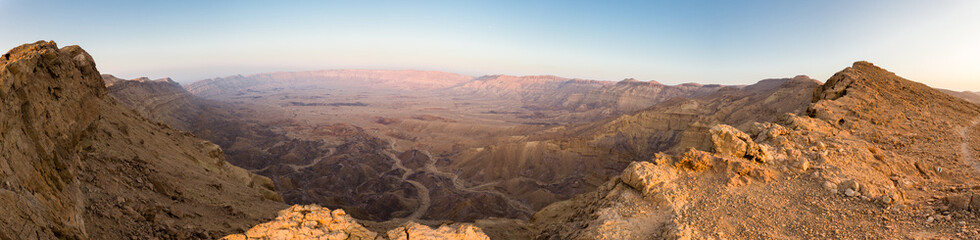 Fototapeta na wymiar Panoramic view desert crater mountains ridge, Negev Israel.