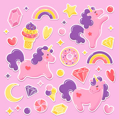 Unicorn cute elements collection. Balloons set. Unicorn, ice cream, rainbow, sweets, diamonds. Vector illustration