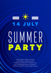 Vertical dark blue summer party background with graphic elements and text.  