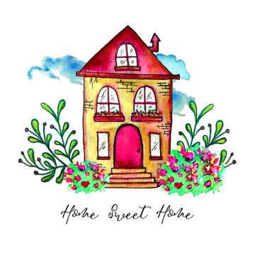 Sweet home label. Cute watercolor old building with branches and herbs isolated on white background. Hand painted card with happy house and flowers.