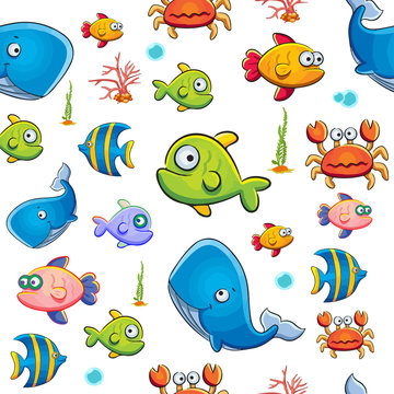 A beautiful collection of cute fish isolated on white background, seamless background