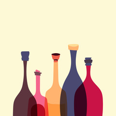 Semi-transparent wine bottles of different colors, vector illustration on light yellow background - 164885927