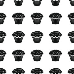 Cake bakery product black simple silhouette vector seamless pattern, silhouette stylish texture. Repeating cake seamless pattern background for bakery design and web