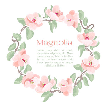 Beautiful detailed magnolia flowers (blossom) circle frame with place for your text. Isolated on white