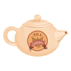 Porcelain teapot with badge. Developed for company style. Suitable for logo. Isolated on white