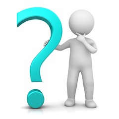 question mark 3d cyan turquoise interrogation point asking sign punctuation mark with standing thinking stick man isolated on white background for business presentation and print
