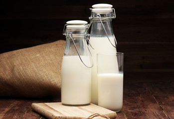 milk products - tasty healthy dairy products on a table on: and milk jar, glass bottle and in a glass