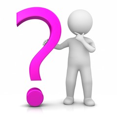 question mark 3d pink interrogation point asking sign punctuation mark with standing thinking stick man isolated on white background for business presentation and print
