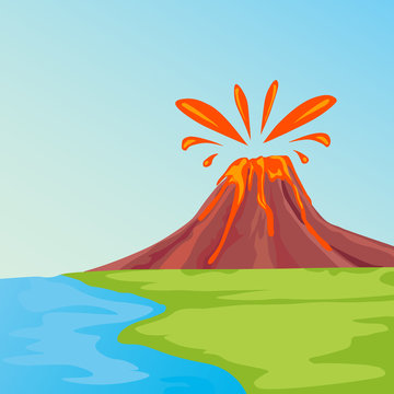 Clip art illustration of tropical island with lava flowing and smoking volcano 
