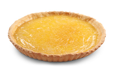 Tasty lemon tart on white background