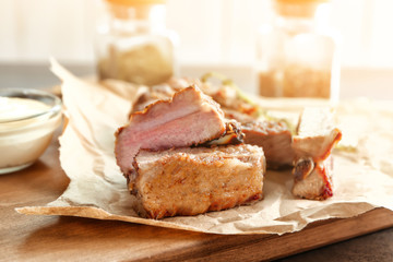 Yummy grilled sliced spare ribs on parchment