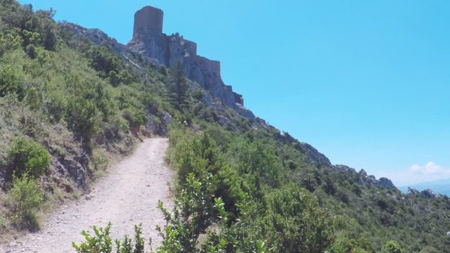 POV. point view of ruins of Chateau Queribus - one of the cathar castle in the Languedoc, France.