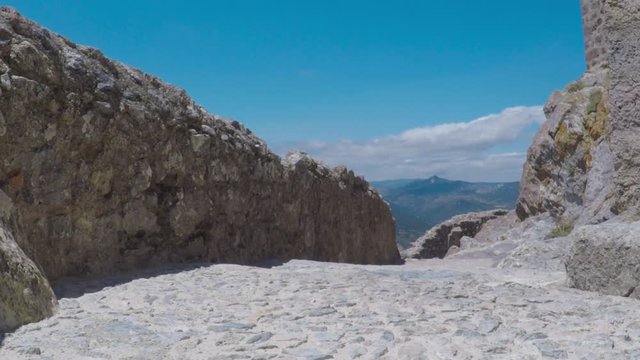 POV. point view of fragment of the wall of Chateau Queribus - one of the cathar castle in the Languedoc, France.