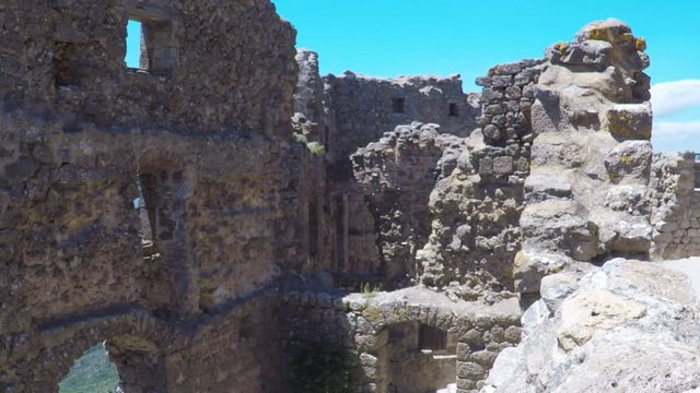 POV. point view of fragment of the wall of Chateau Queribus - one of the cathar castle in the Languedoc, France.