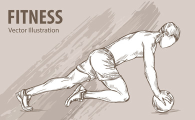 Fototapeta premium Hand sketch of a man is training with a ball. Vector sport illustration. Graphic silhouette of the athlete on background.