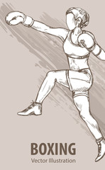 Fototapeta premium Hand sketch of a boxing women. Vector sport illustration. Graphic silhouette of the athlete on background.