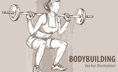 Hand sketch of a women with a barbell. Vector sport illustration. Graphic silhouette of the athlete on background.
