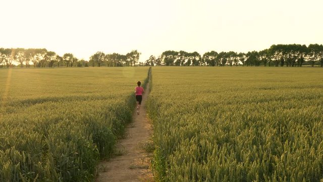 4K video clip of beautiful healthy mixed race African American girl teenager female young woman runner running on path through field of barley or wheat crops at sunset