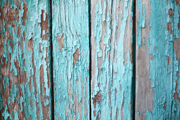 Background of cracked paint,blue old paint on the boards.