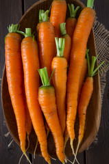 fresh carrots on wooden surface