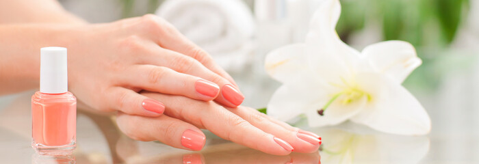 Obraz na płótnie Canvas Manicure concept. Beautiful woman's hands with perfect manicure at beauty salon.