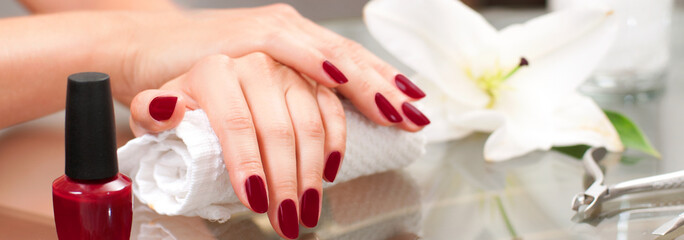 Manicure concept. Beautiful woman's hands with perfect manicure at  beauty salon.