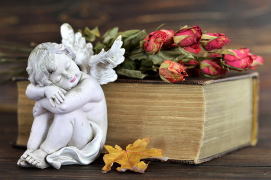 Angel, dry roses and old book on wooden background