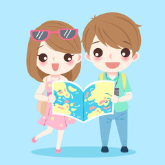 cartoon couple go to travel