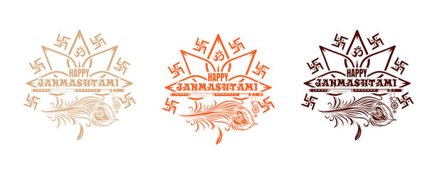 Obraz premium Set of multi colored logo icons for Krishna birthday. Happy Krishna Janmasthami. Vector illustration with peacock feather, flute and lettering