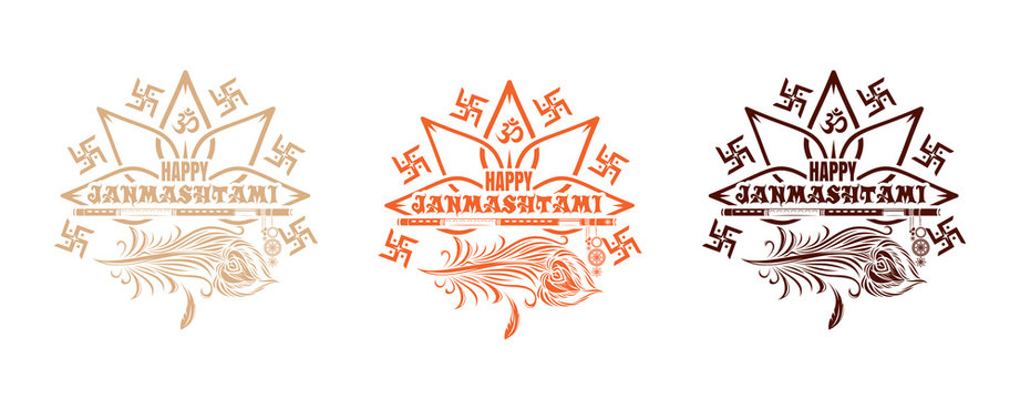 Set of multi colored logo icons for Krishna birthday. Happy Krishna Janmasthami. Vector illustration with peacock feather, flute and lettering