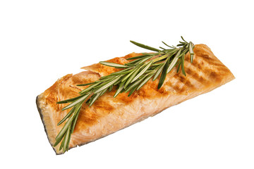 Delicious portion of fresh salmon fillet with aromatic herbs isolated on white background.