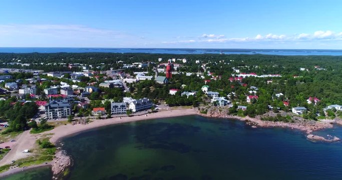 Hanko, Cinema 4k aerial view of towards hanko cityscape and bulevardi beach, on Hango regatta day, in Uusimaa, Finland